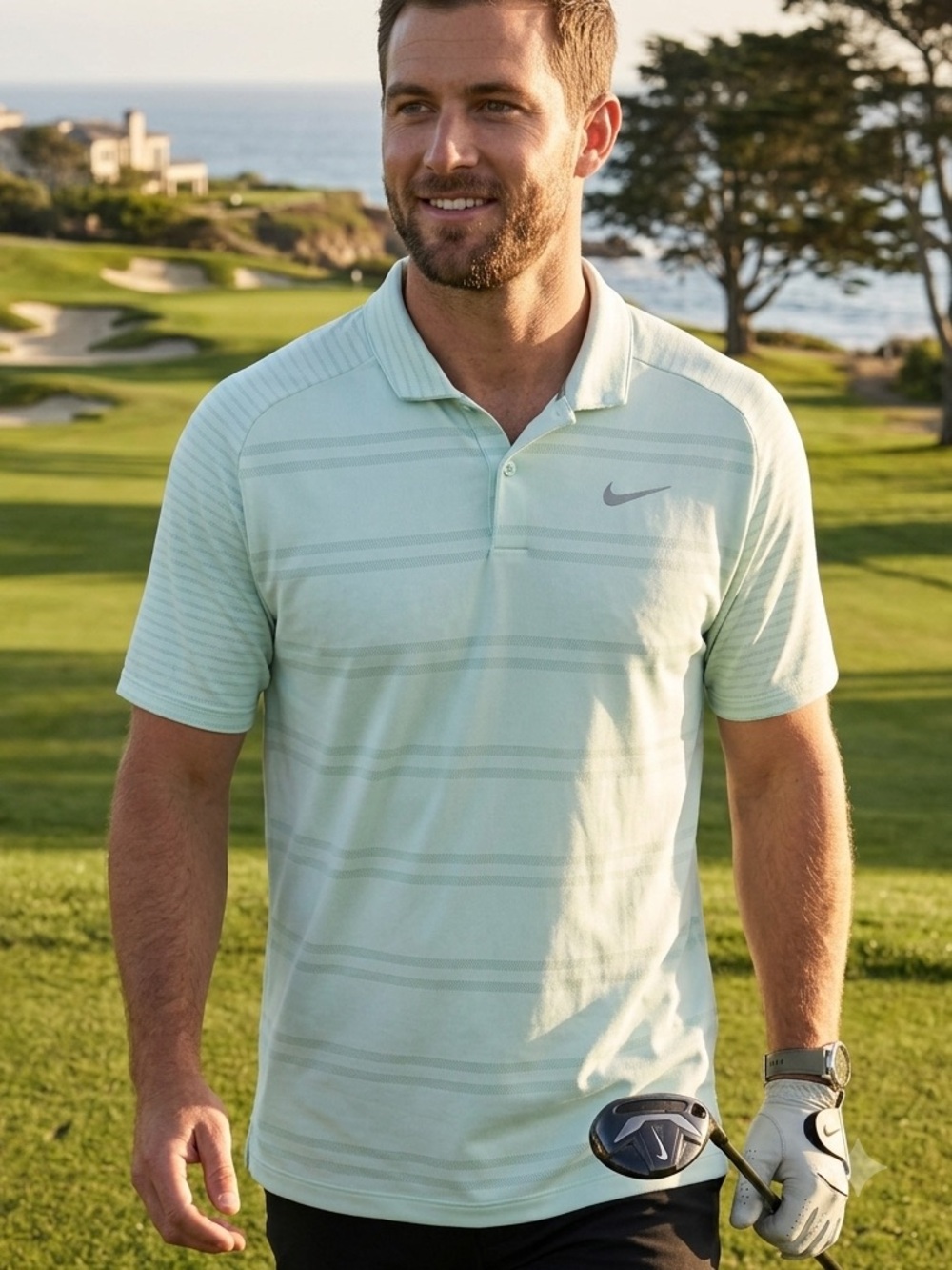 Nike Men's Mint Green Striped Dri-FIT Polo